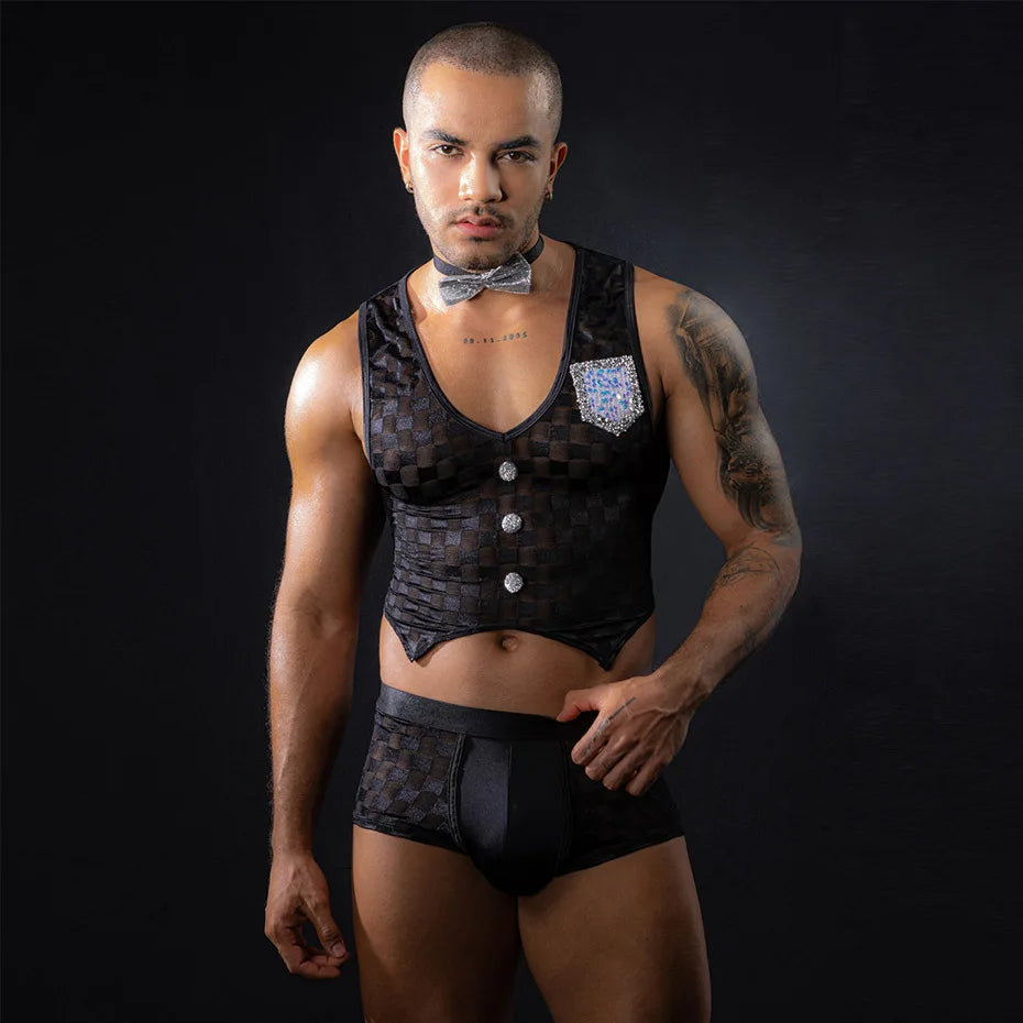 JSY Sexy Waiter Cosplay Lingerie for Men – Plaid Top & Bowtie Roleplay Set