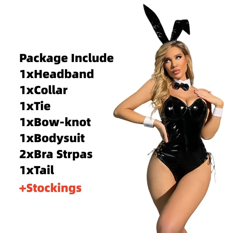 Mai Sakurajima Bunny Girl Costume – Sexy Cosplay Lingerie PU Leather Bodysuit with Tie & Headband | Anime Outfit for Women