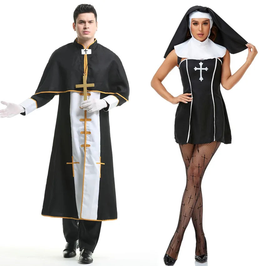 Priest & Nun Couple Halloween Costume – Medieval Religious Cosplay Outfit for Men & Women