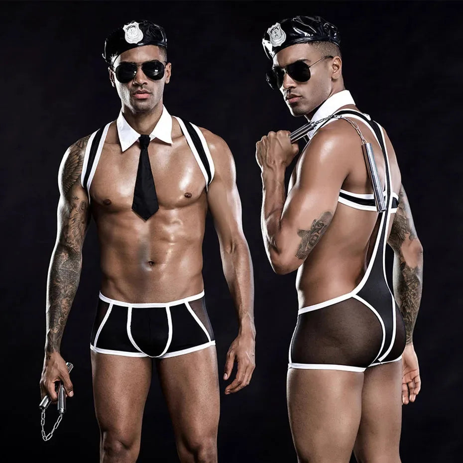 JSY Men’s Waiter Lace Bodysuit – Sexy Cosplay Lingerie Set & Erotic Roleplay Costume