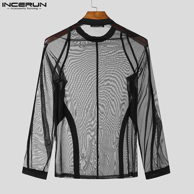 INCERUN Men’s Tight Mesh Splicing Long Sleeve Shirt – Sexy Sheer Clubwear Camiseta