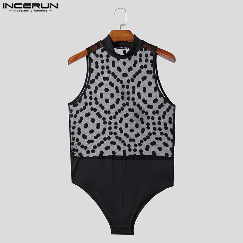 INCERUN Men's Polka Dot Mesh See-Through Jumpsuit – Sexy Sleeveless Bodysuit Loungewear (S–3XL)