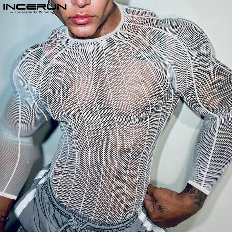 INCERUN 2025 American Style Men’s Perspective T-Shirt – Sexy Casual Clubwear Long Sleeved Camiseta