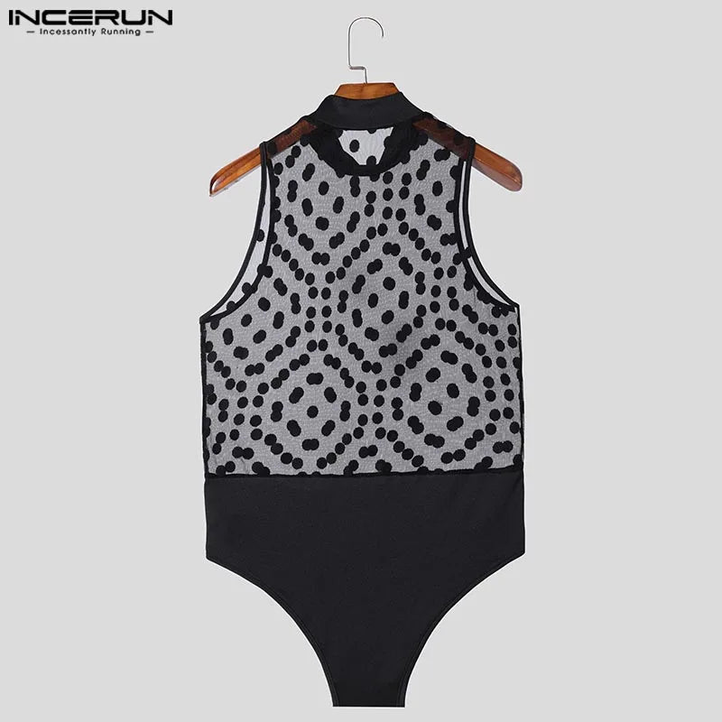 INCERUN Men's Polka Dot Mesh See-Through Jumpsuit – Sexy Sleeveless Bodysuit Loungewear (S–3XL)