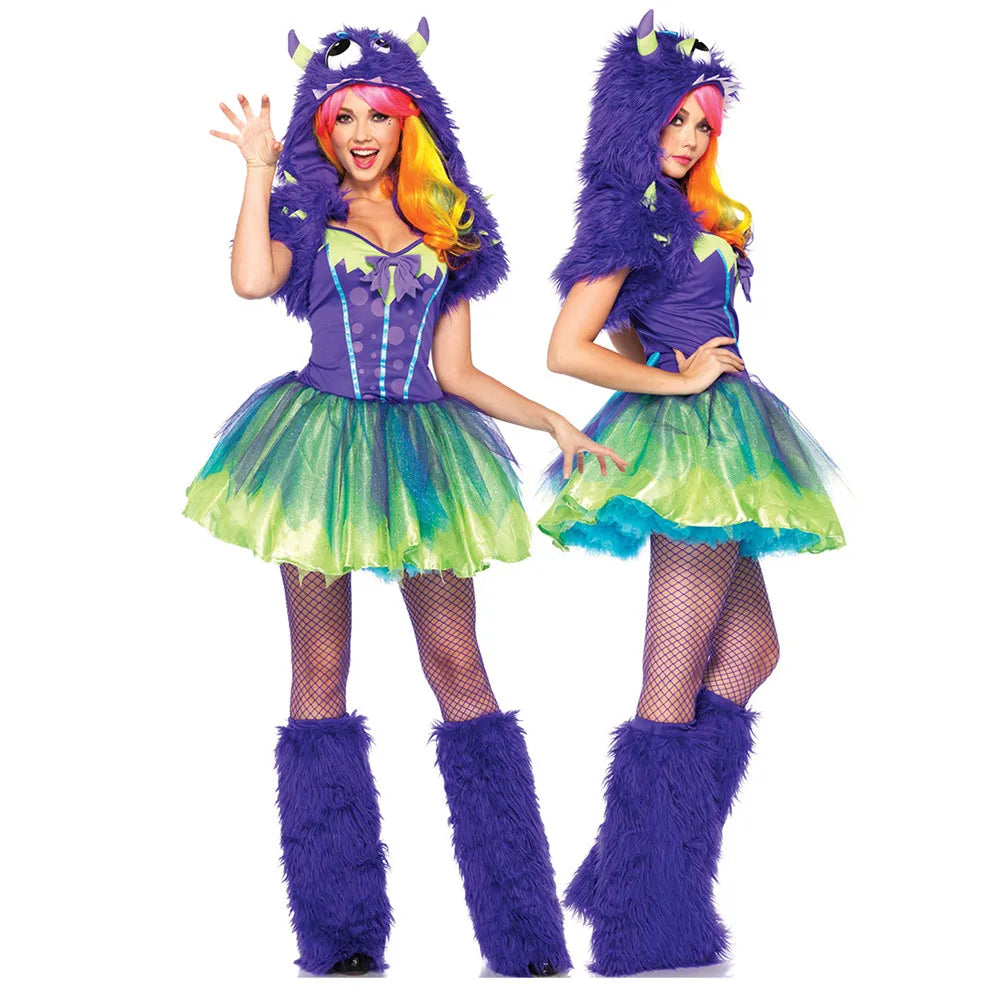 Deluxe Plush Monster Girl Costume – Furry Leopard Fox Cat Cosplay Dress-Up Outfit for Women