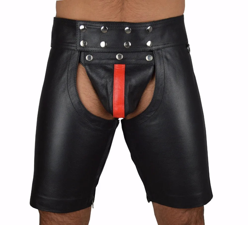 Men’s Faux Leather Lace-Up Bondage Shorts – Open Crotch PVC Gothic Fetish Lingerie