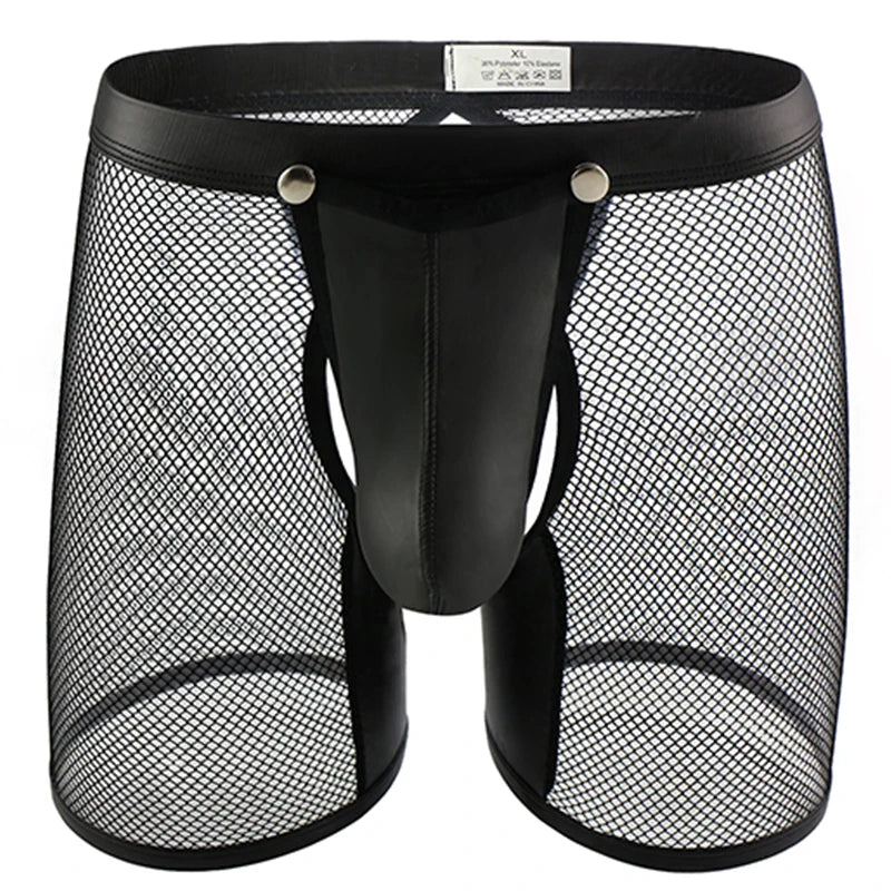 Men’s Crotchless Boxer Shorts with Removable PU Pouch – See-Through Mesh Open Butt Exotic Lingerie Trunks