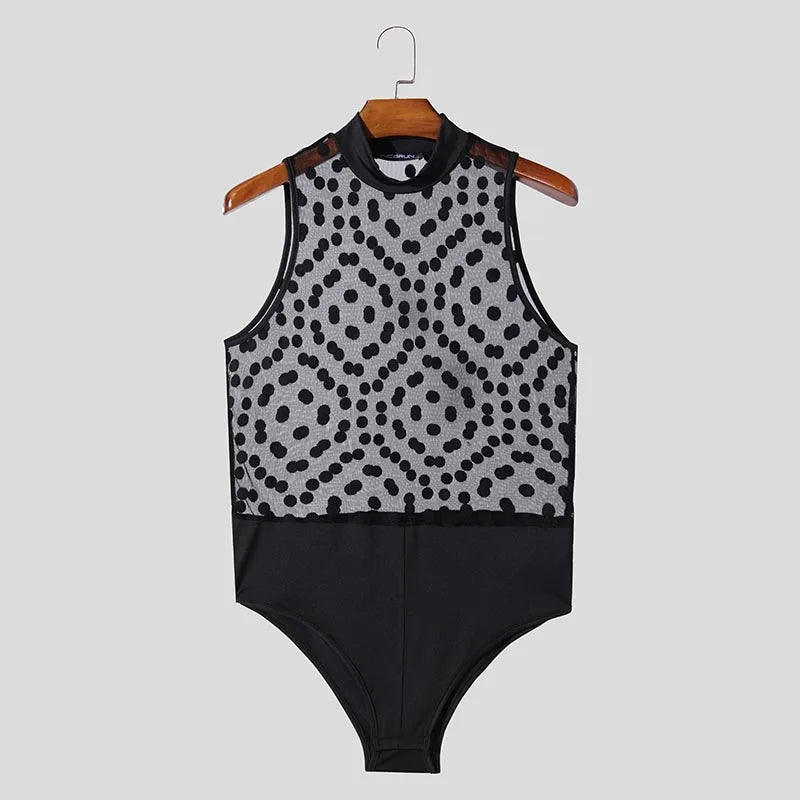 INCERUN Men's Polka Dot Mesh See-Through Jumpsuit – Sexy Sleeveless Bodysuit Loungewear (S–3XL)