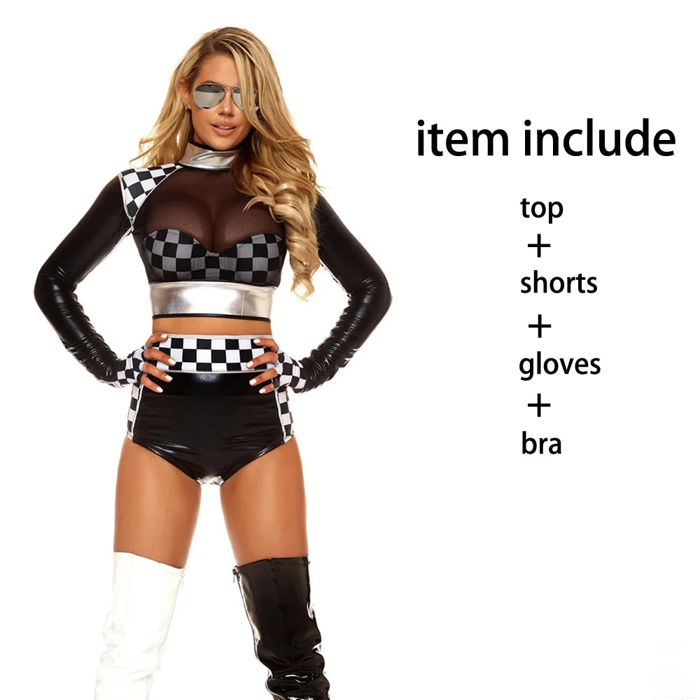 Sexy Race Girl Costume – Race Car Driver Jumpsuit, Black & White Plaid Outfit, Halloween Long Sleeves Racing Girl Bodysuit