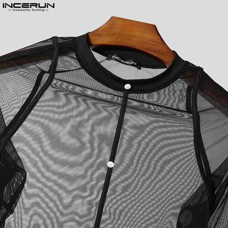 INCERUN Men’s Tight Mesh Splicing Long Sleeve Shirt – Sexy Sheer Clubwear Camiseta