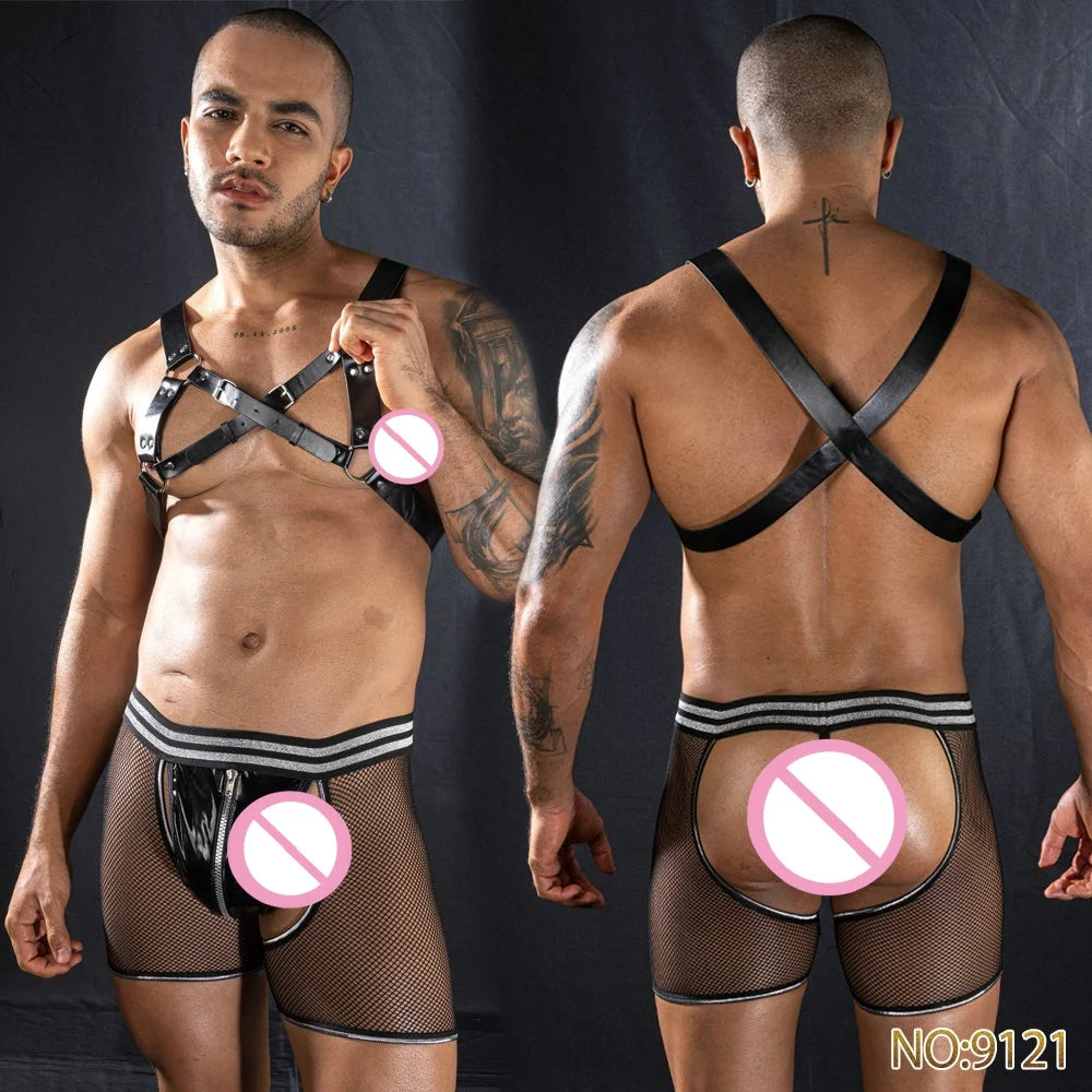 28-Style Firefighter & Policeman Cosplay Set – Men’s Sexy Faux Leather Uniform Costume | Gay Clubwear Lingerie Top & Tee Shirt