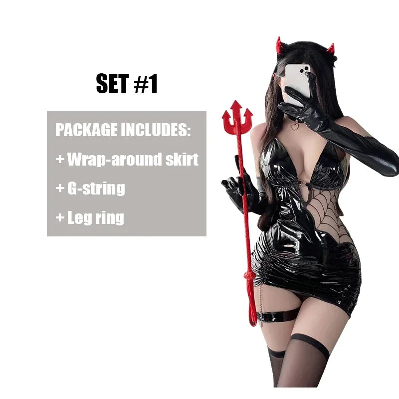 Spider Seduction Halloween Costume β PU Leather Cosplay Dress + Stockings