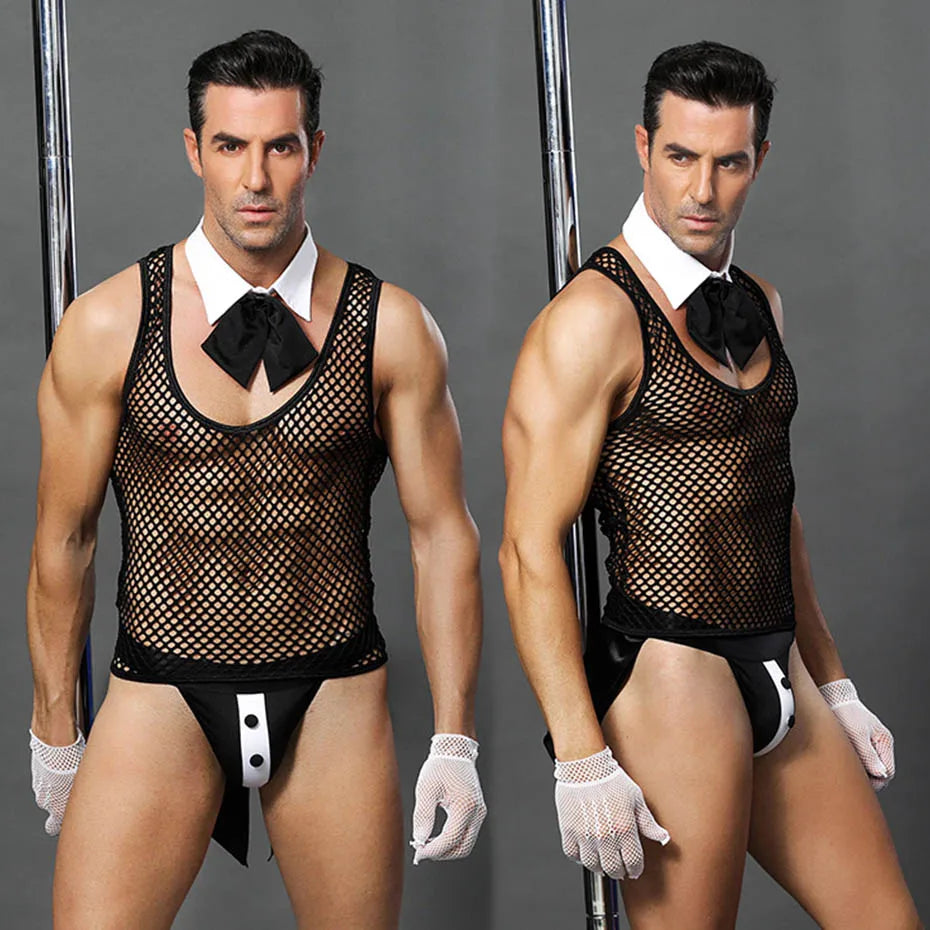 JSY Sexy Waiter Cosplay Set – Men’s Black Mesh Lingerie Uniform for Roleplay & Erotic Costumes