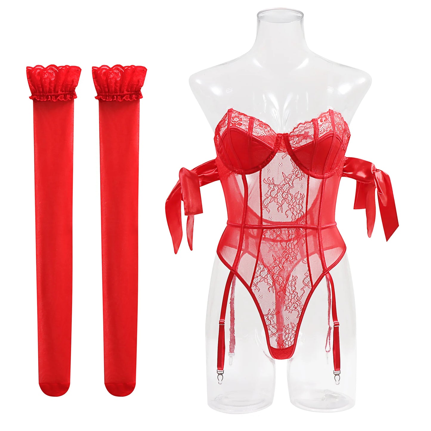 Seductive Bow Silk Strap Lingerie Jumpsuit Set β Mesh See-Through Lingerie & Stockings ππ₯