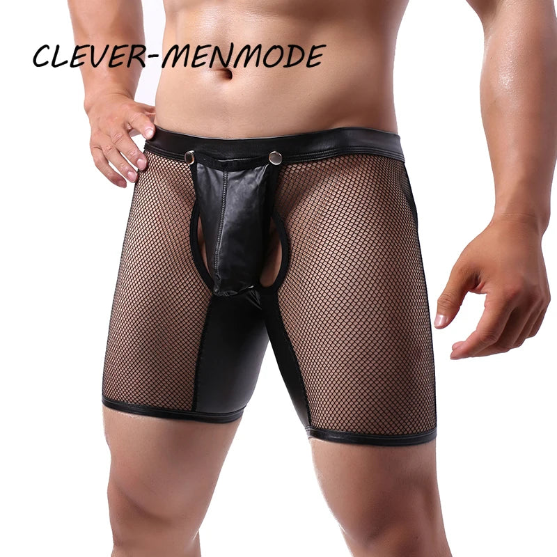 Men’s Crotchless Boxer Shorts with Removable PU Pouch – See-Through Mesh Open Butt Exotic Lingerie Trunks