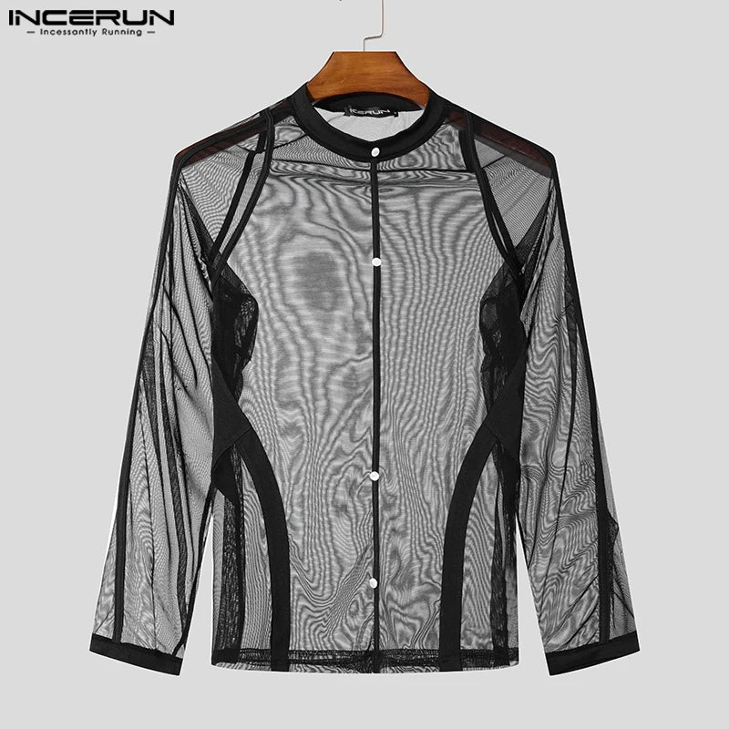 INCERUN Men’s Tight Mesh Splicing Long Sleeve Shirt – Sexy Sheer Clubwear Camiseta