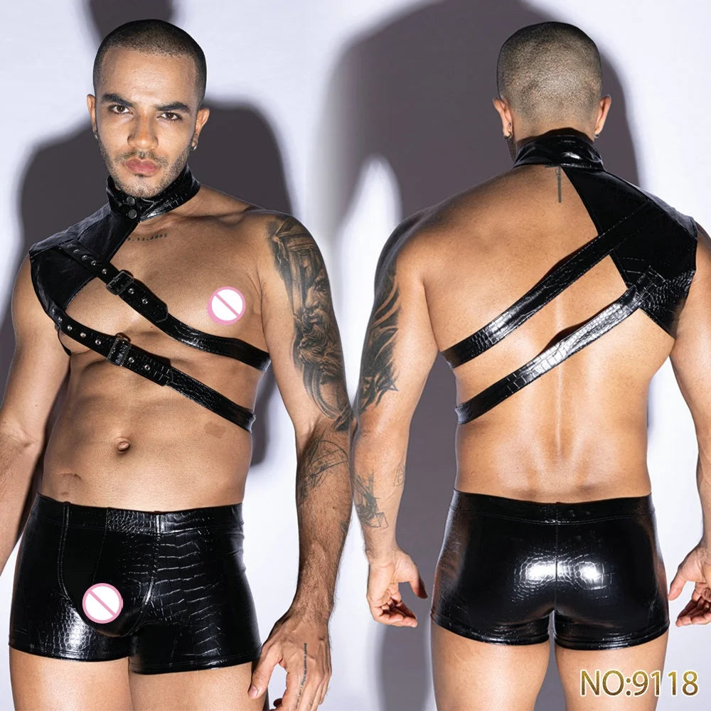 28-Style Firefighter & Policeman Cosplay Set – Men’s Sexy Faux Leather Uniform Costume | Gay Clubwear Lingerie Top & Tee Shirt