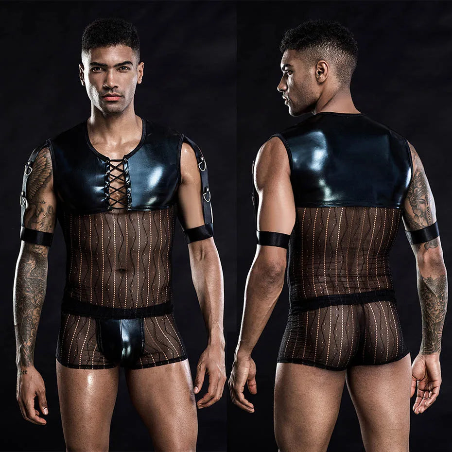 JSY Sexy Waiter Cosplay Set – Men’s Black Mesh Lingerie Uniform for Roleplay & Erotic Costumes