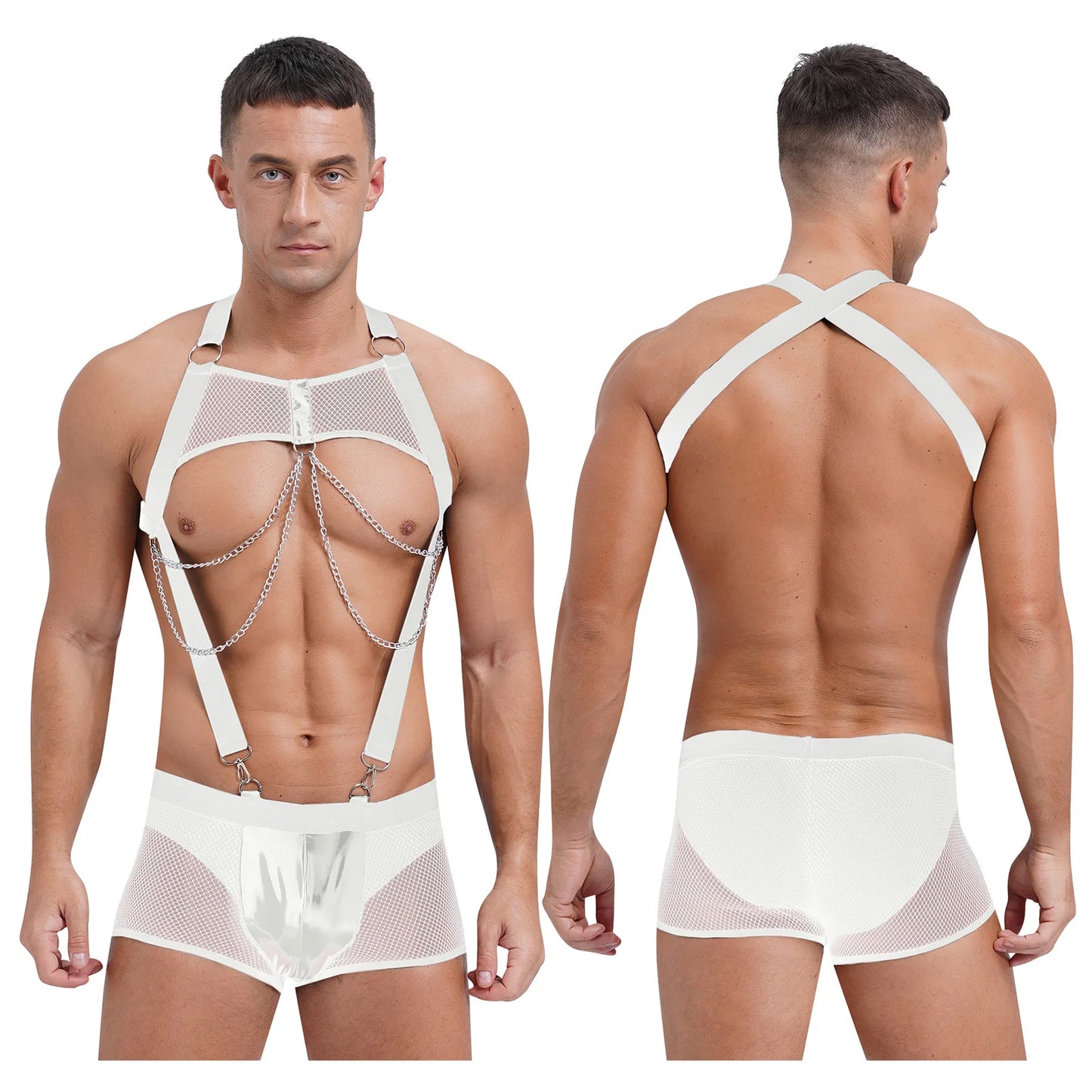 Men’s See-Through Fishnet Bodysuit with Chain Chest Harness & Glossy Pouch Trunks – Sexy Rave Clubwear
