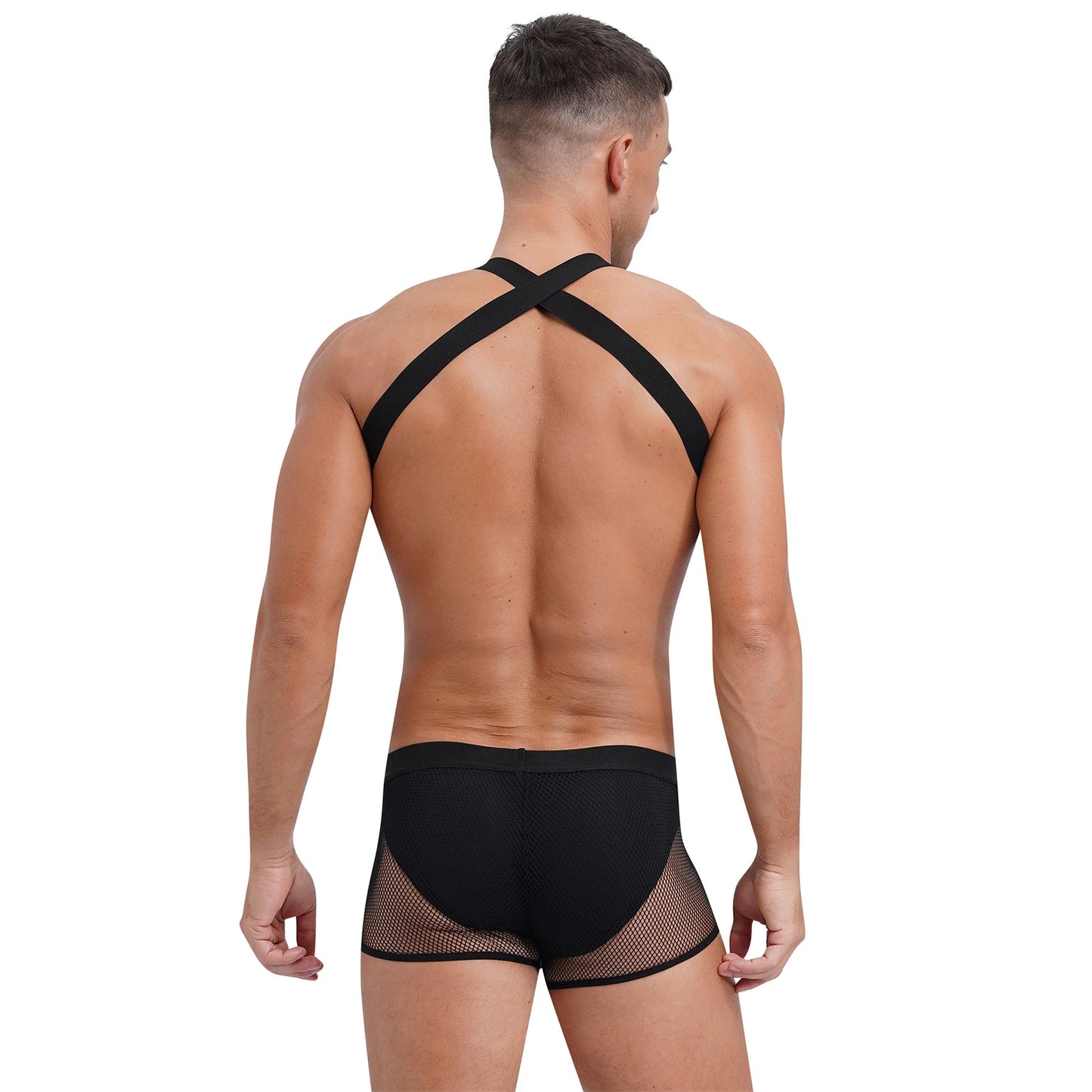 Men’s See-Through Fishnet Bodysuit with Chain Chest Harness & Glossy Pouch Trunks – Sexy Rave Clubwear
