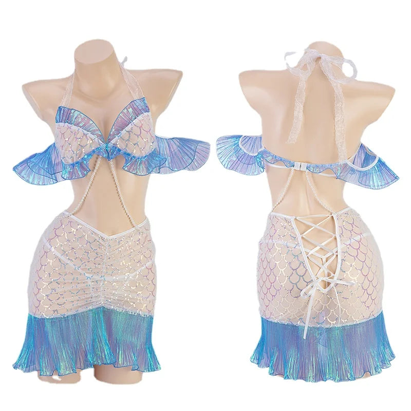 Mermaid Fantasy Cosplay Costume β Shiny Blue Bra & Fish Tail Skirt Set