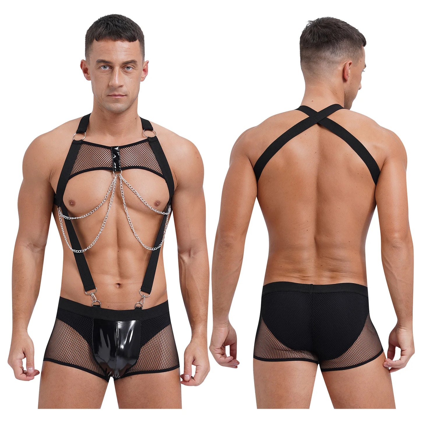 Men’s See-Through Fishnet Bodysuit with Chain Chest Harness & Glossy Pouch Trunks – Sexy Rave Clubwear