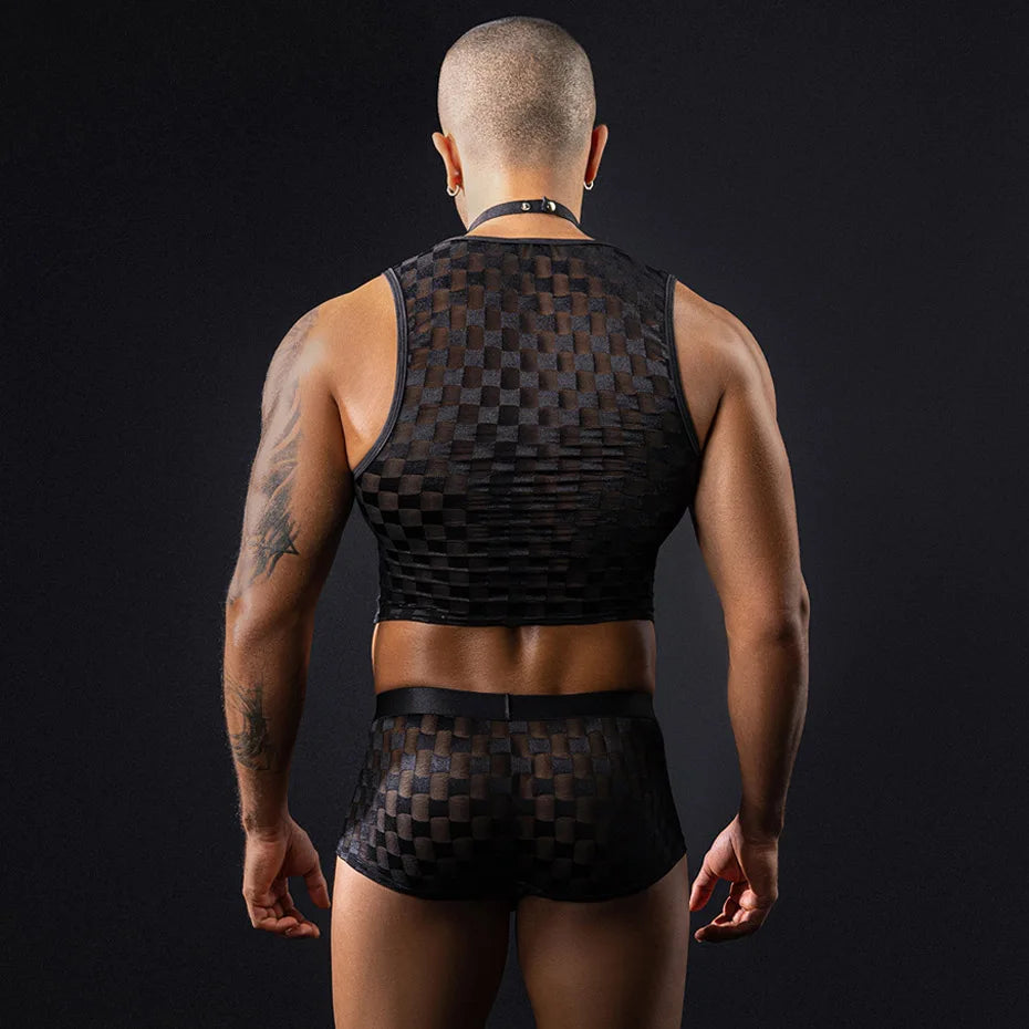 JSY Sexy Waiter Cosplay Lingerie for Men – Plaid Top & Bowtie Roleplay Set