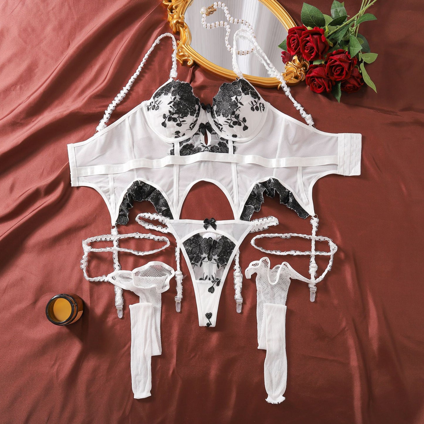 Black & White Embroidered Flower Lingerie Set – Three-Piece with Leg Garters