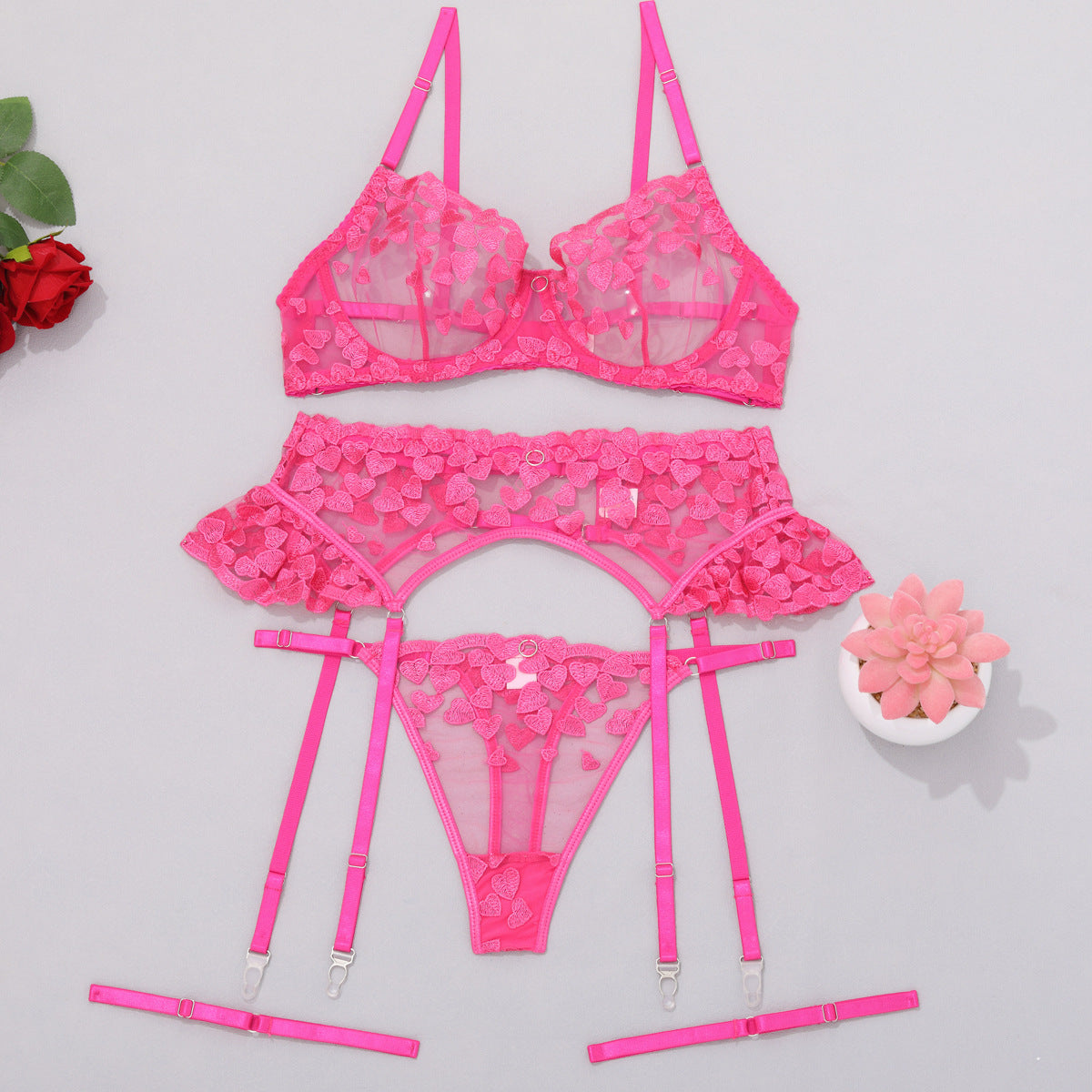 Love Embroidery Strap Lingerie Set – Romantic Spliced Mesh Two-Piece Underwear | Thirty Shades Of Play
