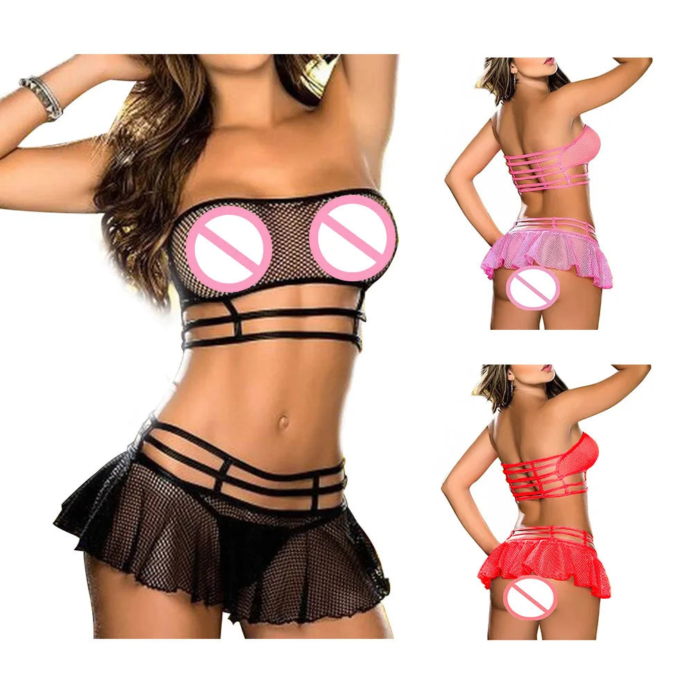 Sexy Lingerie Corset Babydoll Set – Push-Up Bra, G-String & Pants | Black, Pink, Red Sleepwear