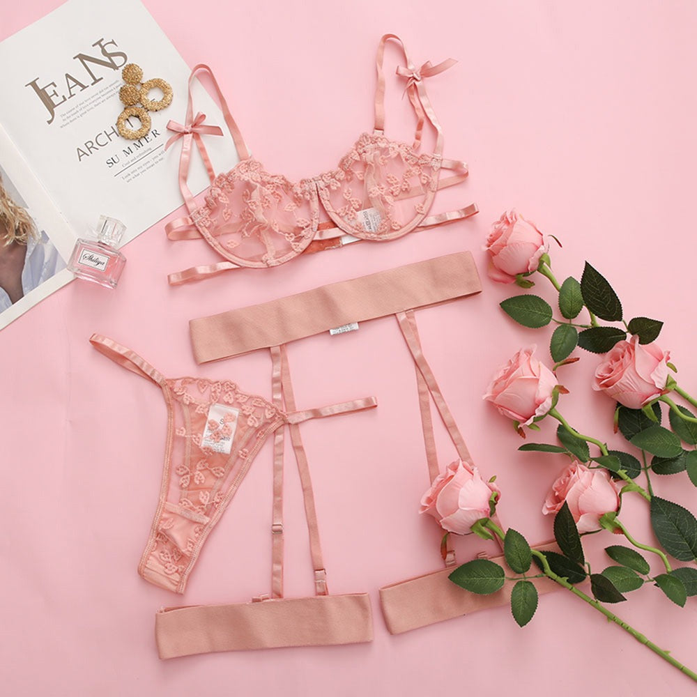 INS Lace Embroidery Mesh Lingerie – Sexy Three-Piece Set