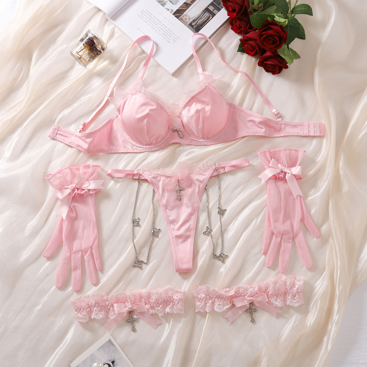 Japanese Cute Girl Pink Bow Lingerie Set – Elegant Lace Four-Piece Underwear | Thirty Shades Of Play