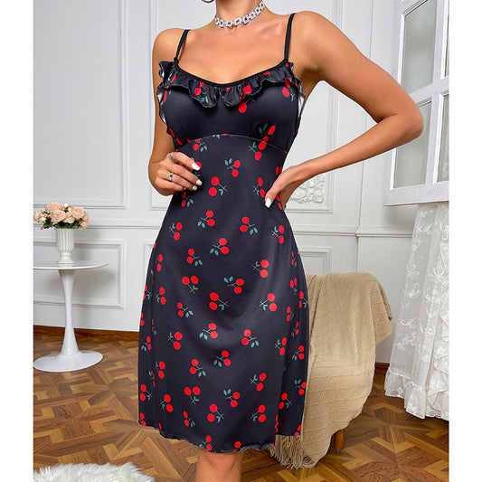 Cherry Heart Suspender Nightgown – Sexy Printed Lingerie Homewear