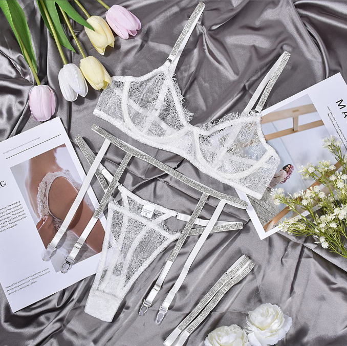 Eyelash Lace Hot Drill Ribbon Sexy Perspective 4-Piece Lingerie Set with Steel Ring | Seductive Lingerie Set | Thirty Shades of Play