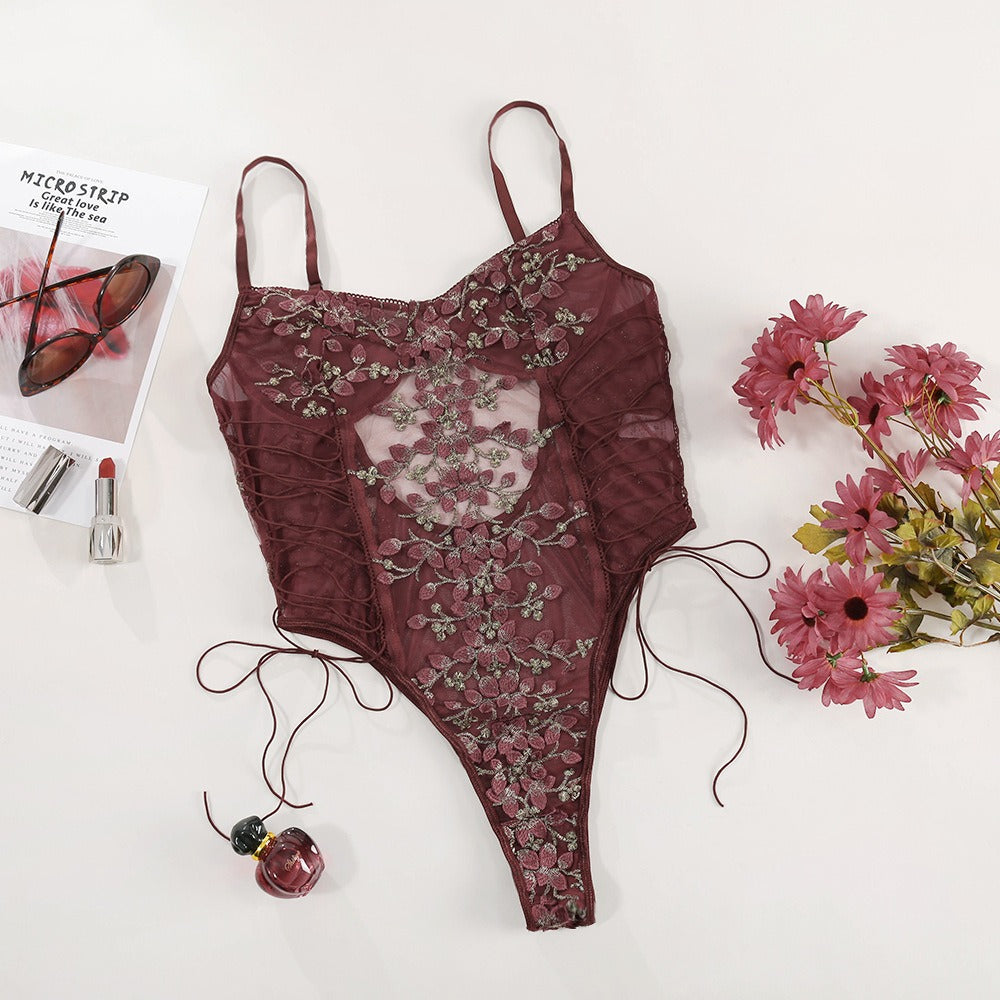 Erotic Floral Lace-Up Jumpsuit – Sheer Embroidered Lingerie for Women