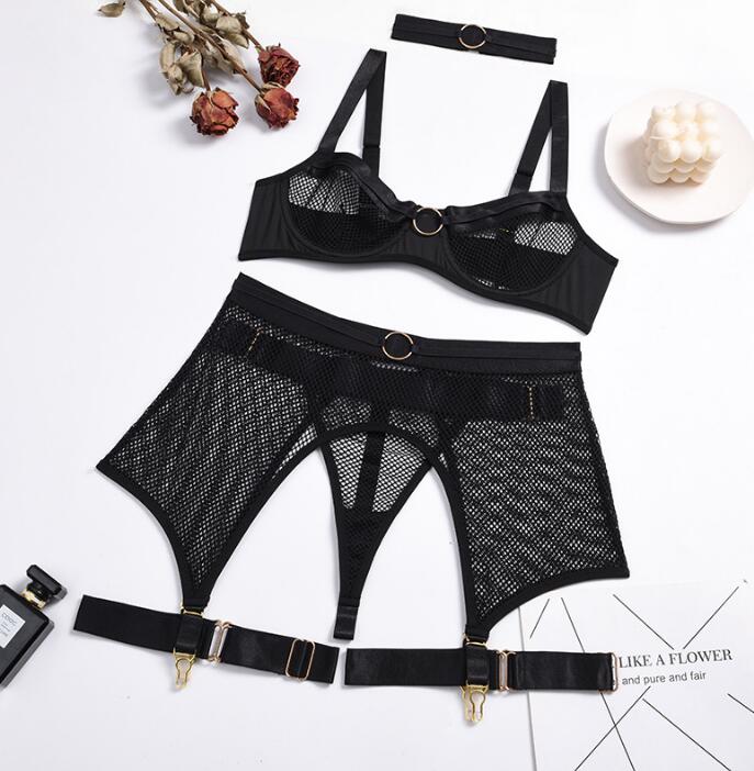 🔥 Sexy Lingerie 4-Piece Set – Mesh & Iron Ring Stitching with Collar Grid Design 💋