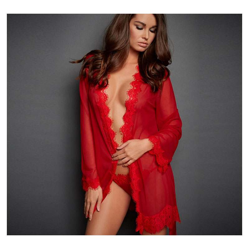 Plus Size Lace Trim Mesh Robe – Luxury Kimono Nightdress Sleepwear | Seductive Sheer Lingerie