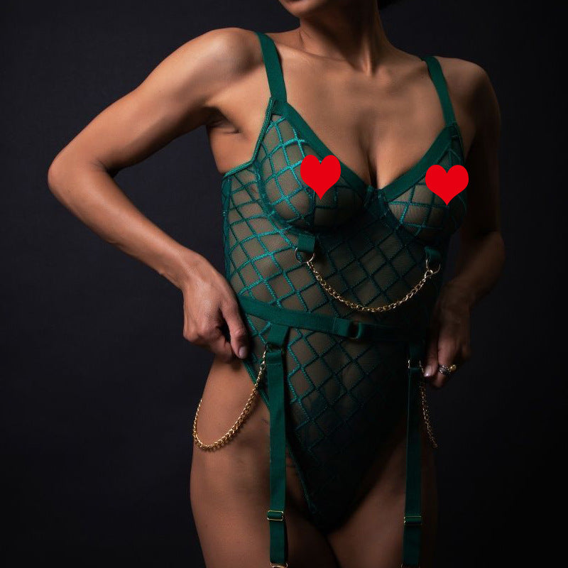 Perspective Grid Chain Jumpsuit – Backless High-Waisted Sexy Lingerie with Metal Details
