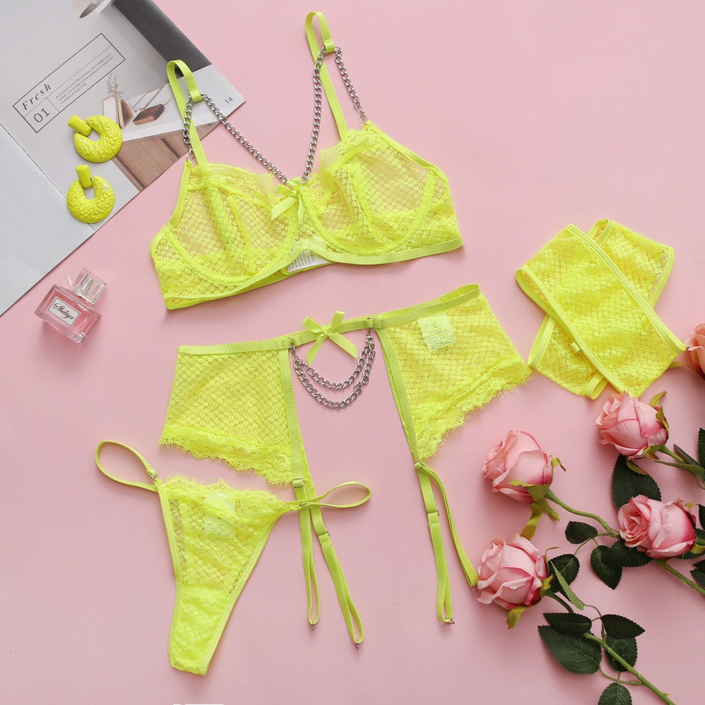 New Mesh Mosaic Eyelash Lace Lingerie 💕 Bowknot & Chain Waist Detail – Romantic See-Through Design for Girls