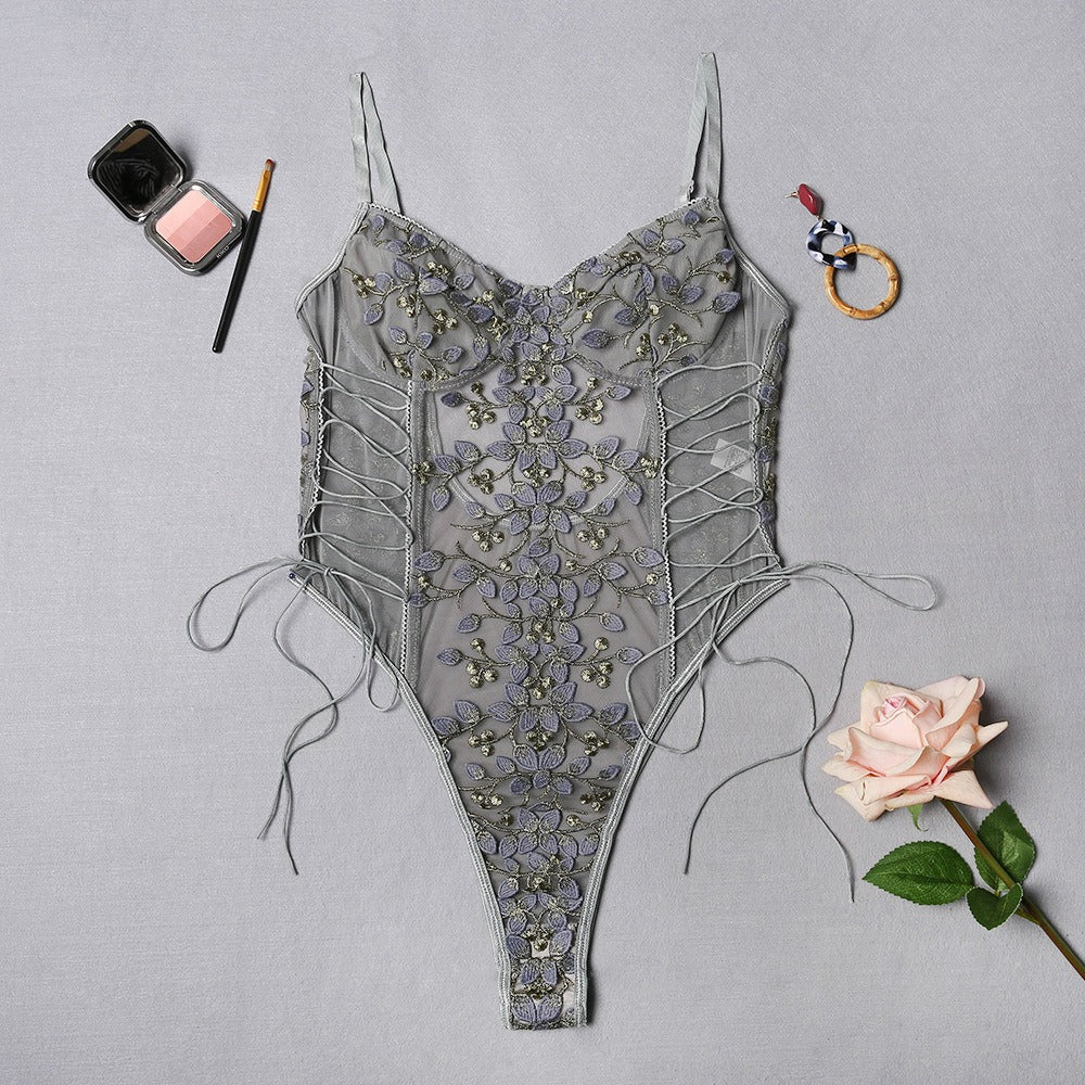Erotic Floral Lace-Up Jumpsuit – Sheer Embroidered Lingerie for Women
