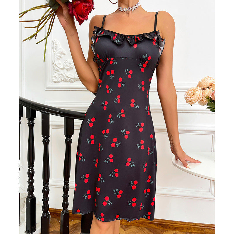 Cherry Heart Suspender Nightgown – Sexy Printed Lingerie Homewear