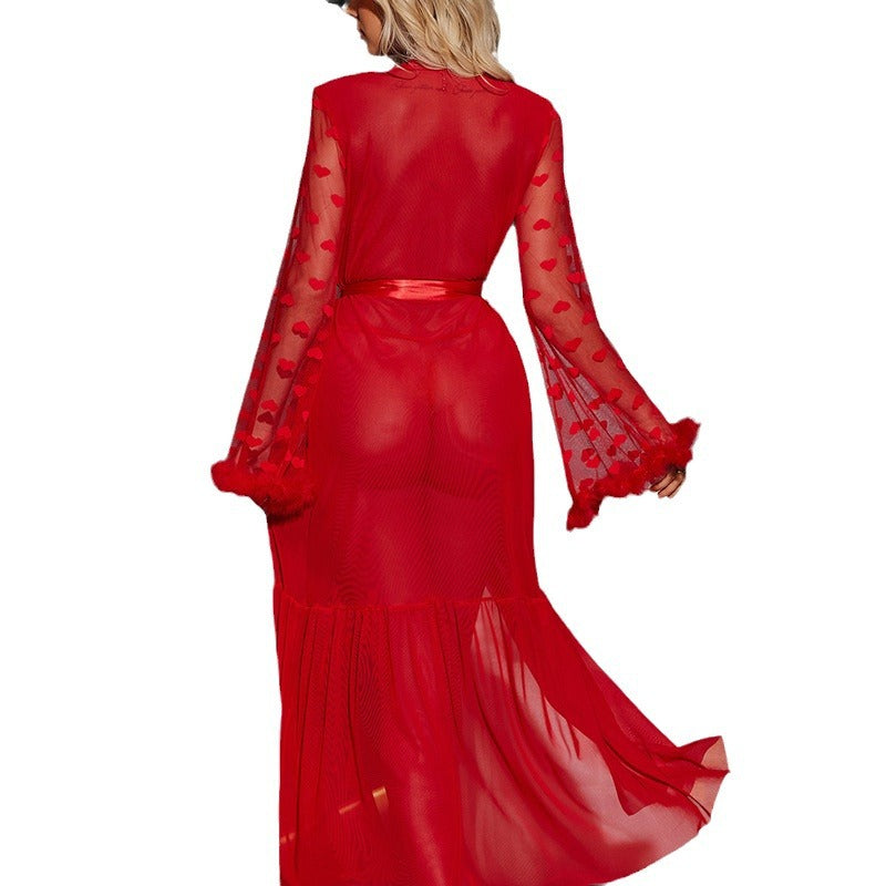 🔥 Sexy Lace-Up Mesh Nightgown & Cardigan Lingerie Set – Seductive Pajamas & Bathrobe 🔥