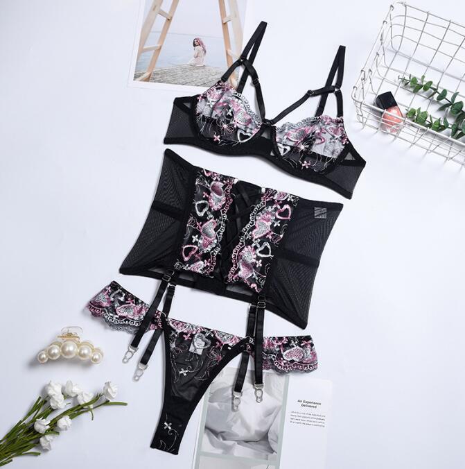 💘 Three-Piece Embroidered Love Lingerie Set – Cross Strap Girdle Sexy Nightwear 💖