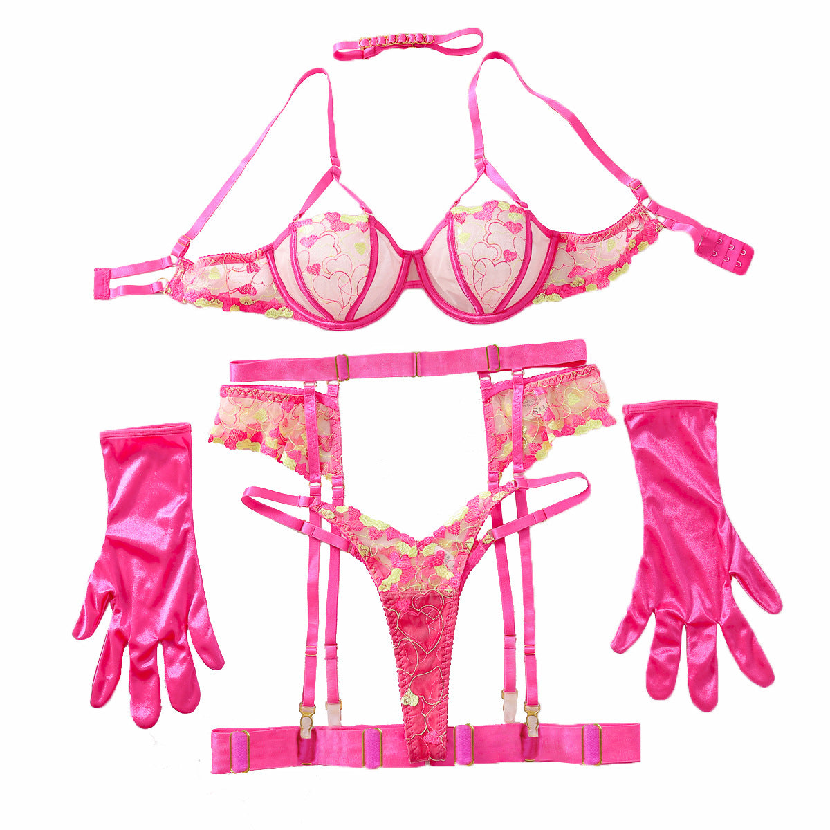 Fluorescent Mesh Embroidery Lingerie Set – 6-Piece Sexy See-Through Neon Outfit | Thirty Shades Of Play