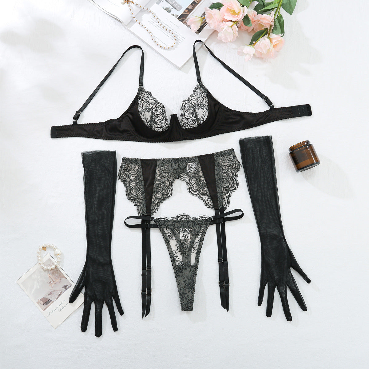 Sexy Embroidered Lace Backless Lingerie Set – 4-Piece Elegant & Playful Intimate Wear | Thirty Shades Of Play