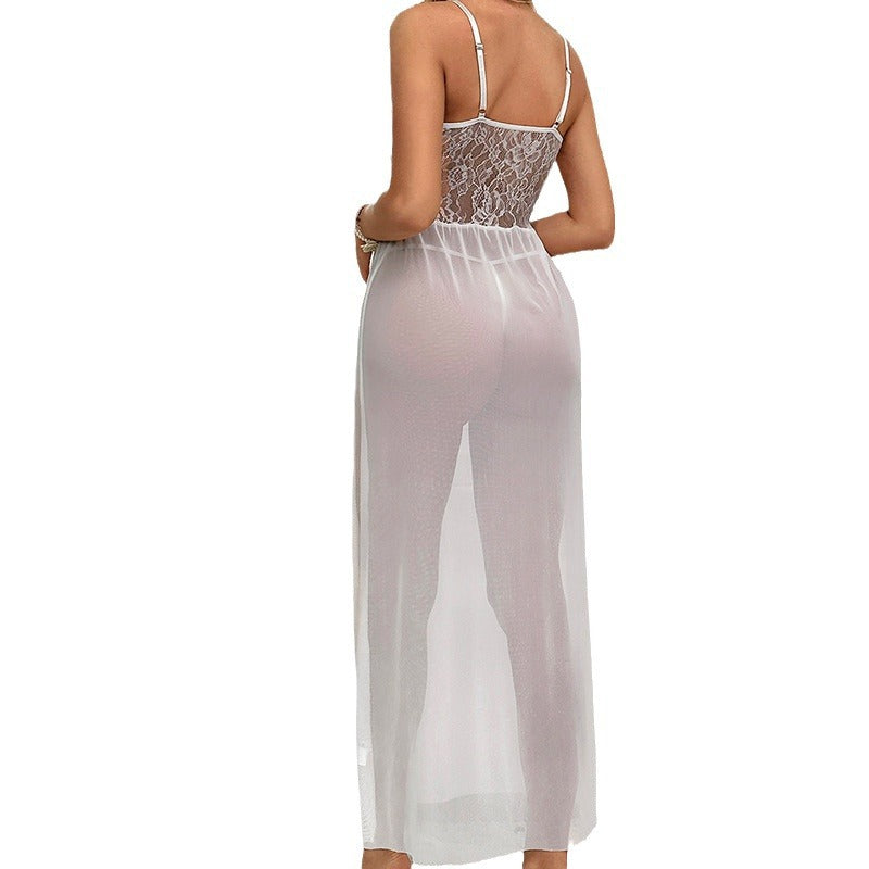 Hollow-Out Suspender Gown – Sexy Sheer Long Skirt Lingerie Nightgown