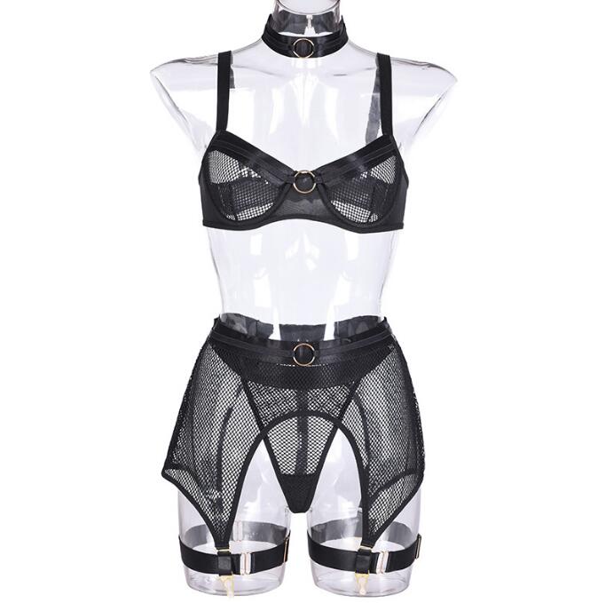 🔥 Sexy Lingerie 4-Piece Set – Mesh & Iron Ring Stitching with Collar Grid Design 💋