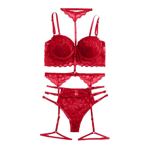 💕 Sexy Tie Neck Garter Belt Lingerie Set – 3-Piece Lace See-Through With Leg Loops 🔥