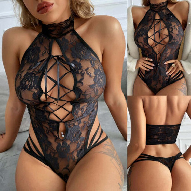 Sexy Lace Hollow Straps Cat Girl Jumpsuit – See-Through Erotic Lingerie