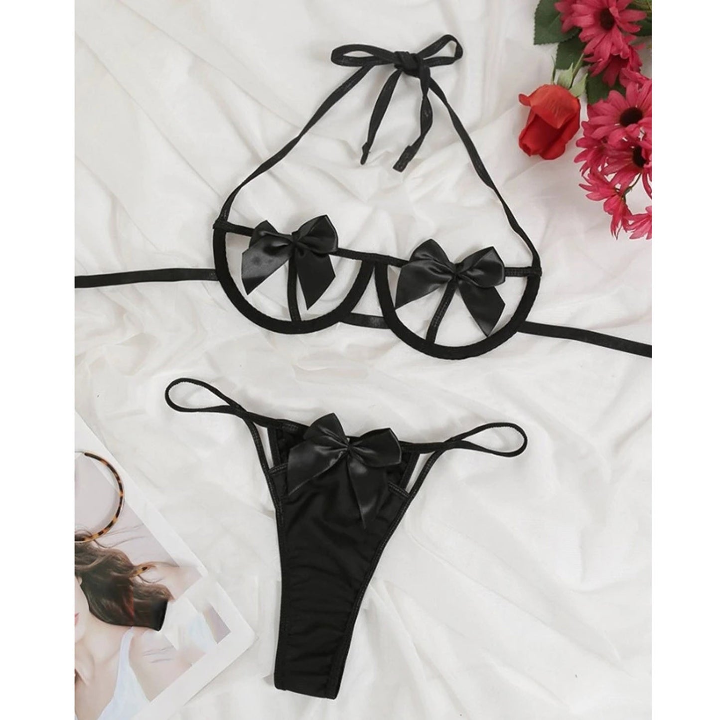 Sexy Hollow Three-Point Lingerie Set – Sling Underwire Bikini with Bows
